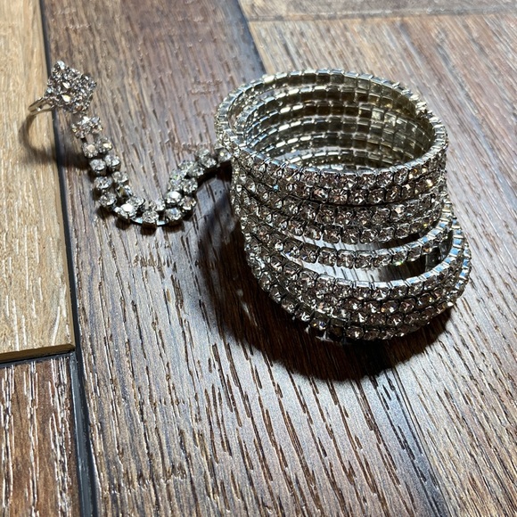 Rhinestone Coil Wrap Bracelet with Attached Adjustable Ring in Silver Tone - Picture 5 of 9
